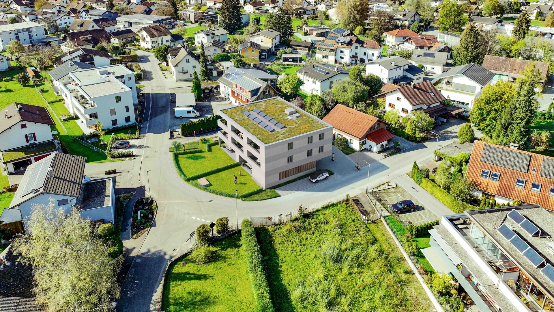 Visualisierung Luftbild einer geplanten Wohnanlage von Wilhelm+Mayer in Altach.