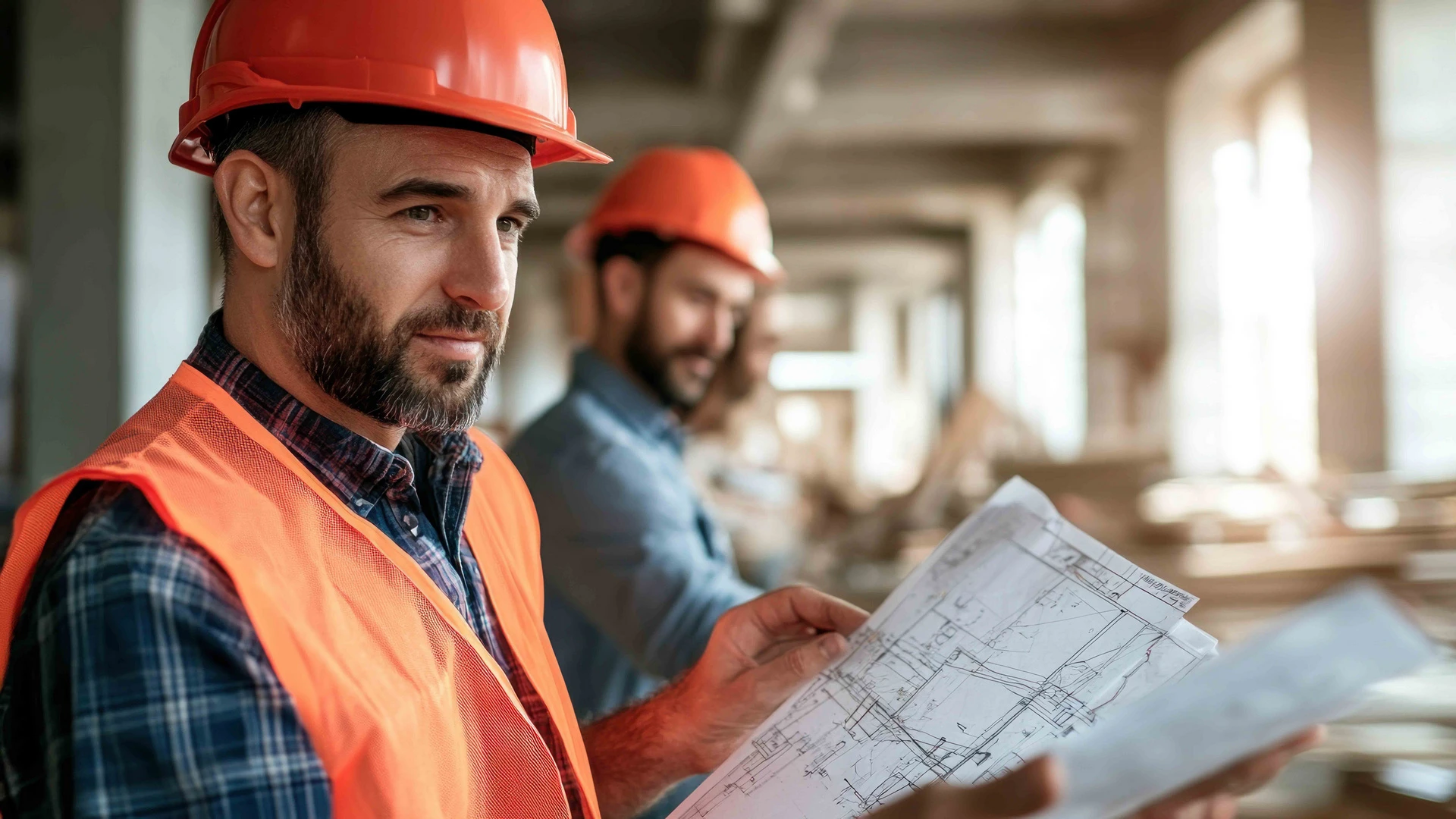 Foto von einem Bauleiter im Vordergrund mit einem Plan in der Hand. Dahinter sind weitere Arbeiter zu sehen.