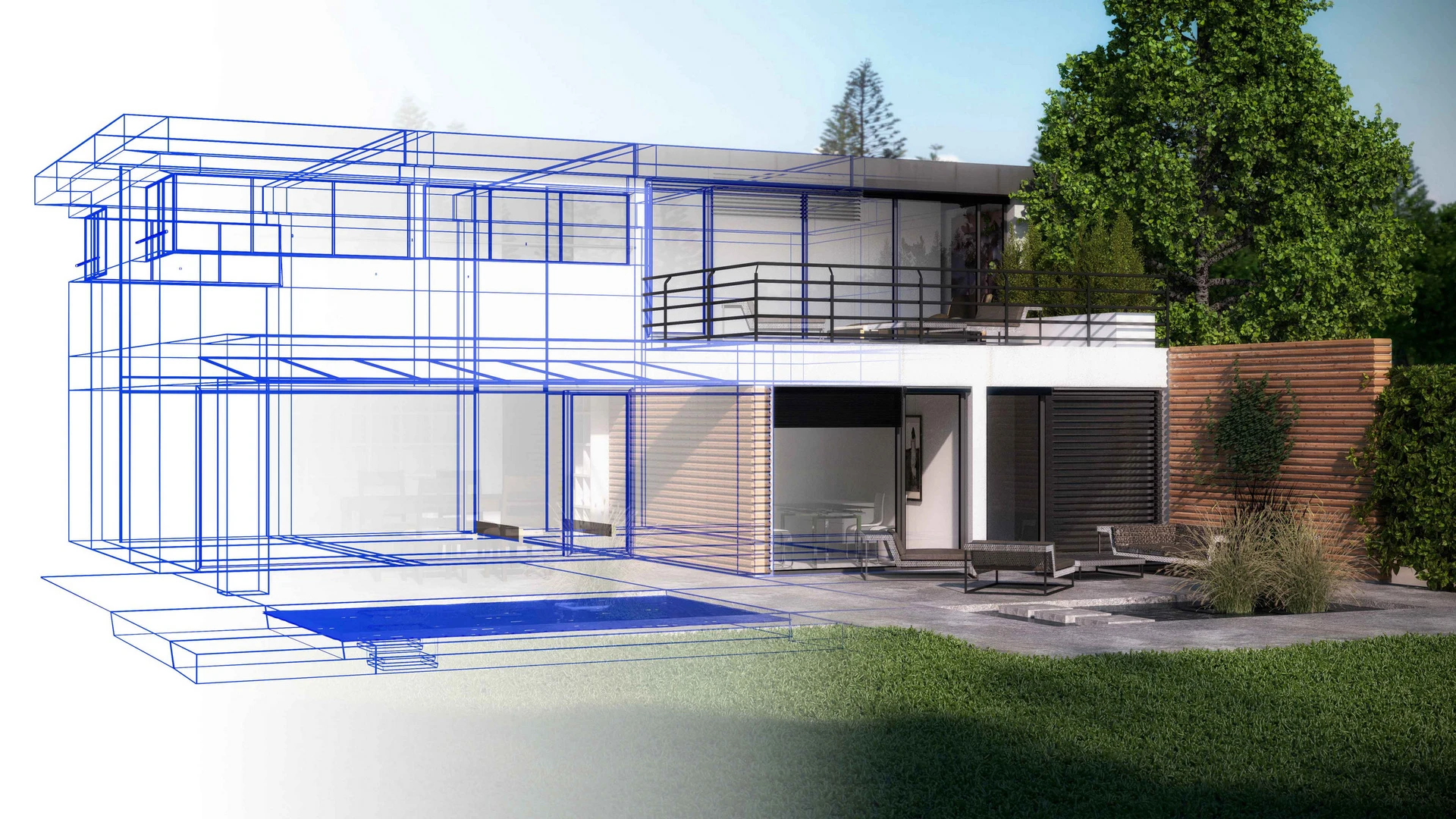 Visualisierung eines Wohnhauses und eines Bauplans für einen Anbau.