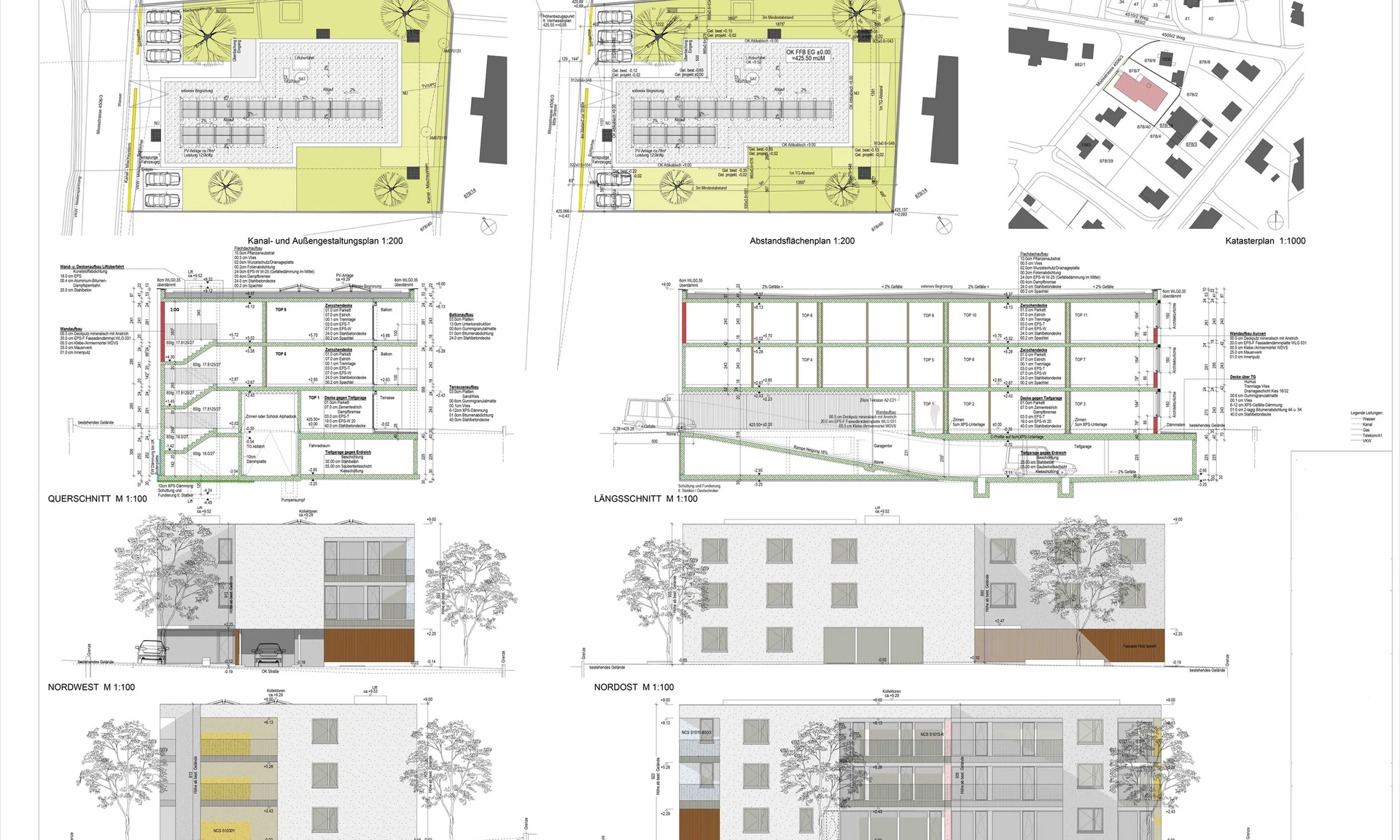 Lagepläne, Schnitte und Ansichten einer geplanten Wohnanlage von Wilhelm+Mayer in Götzis.