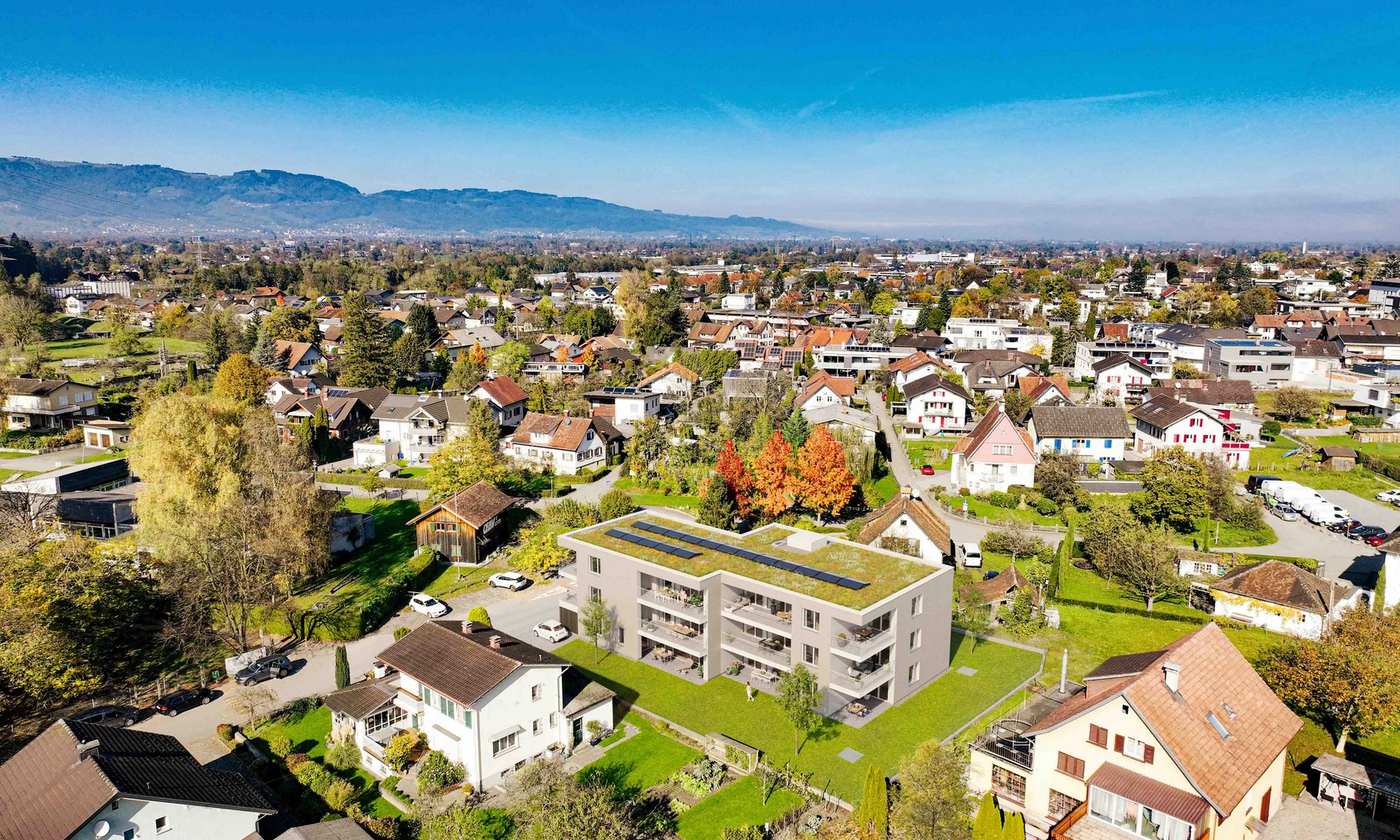 Visualisierung von oben: Wohnanlage von Wilhelm+Mayer in Planung am Standort Götzis, Moosstraße.