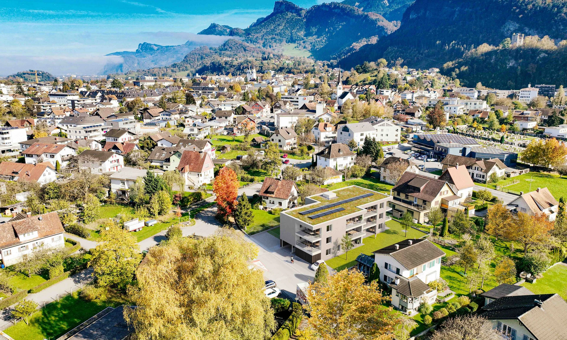 Visualisierung von oben: Wohnanlage von Wilhelm+Mayer in Planung am Standort Götzis, Moosstraße.