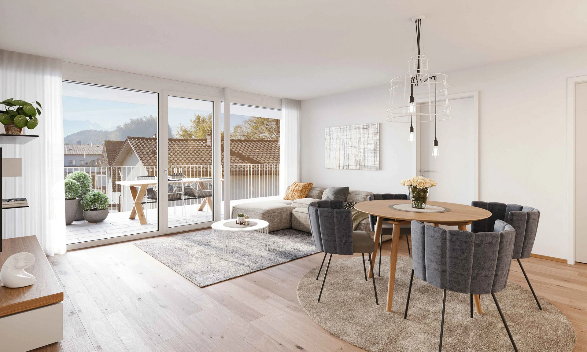 Wohnzimmer einer Musterwohnung als Teil eines Wohnprojekts für Investoren in Götzis Moosstraße.