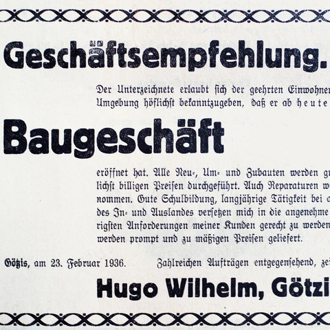 Geschäftsempfehlung Baugeschäft Hugo Wilhelm, Götzis.