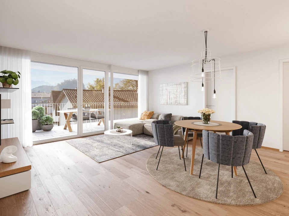 Wohnzimmer einer Musterwohnung als Teil eines Wohnprojekts für Investoren in Götzis Moosstraße.